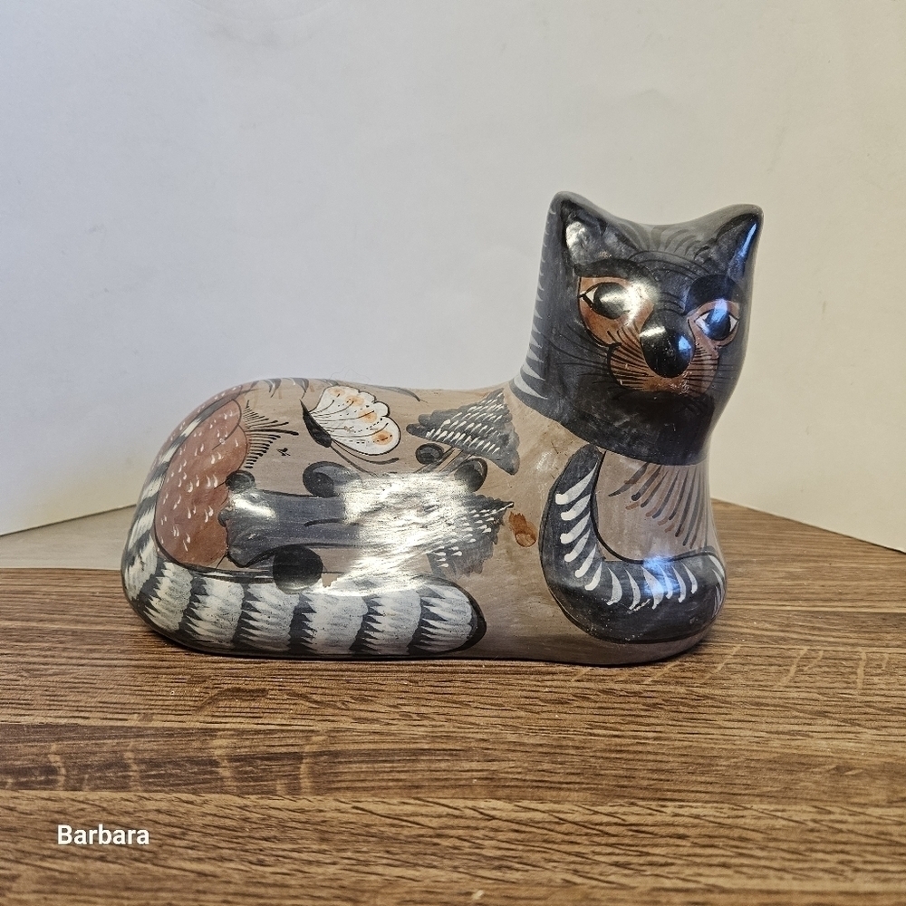 Vintage 50s Mexican Handpainted Decorative Ceramic Pottery Tonala Cat